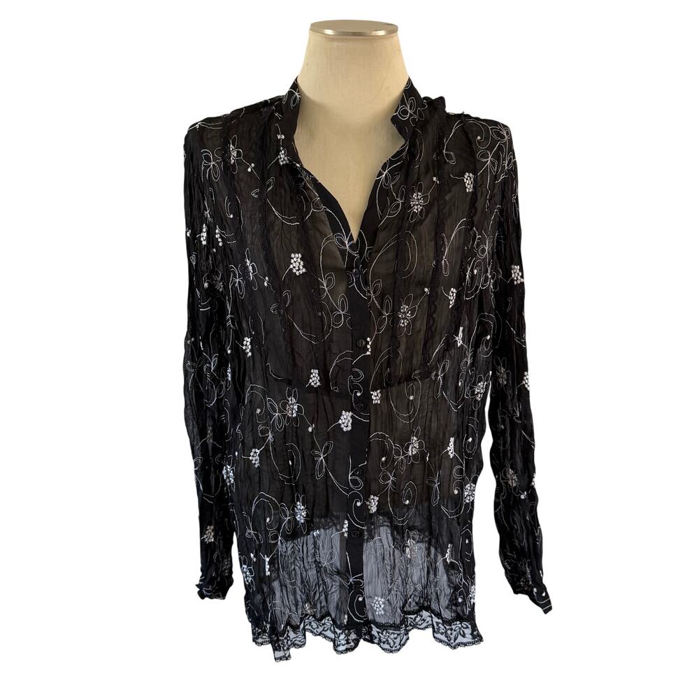 Y2K 2000s Dark Floral Embroidered Sheer Button Up Shirt Plus 2X Fairy Whimsygoth